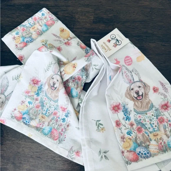 Easter Bunny Dog Golden Retriever Floral Beaded Dish Towels Tea Towels Set - Picture 3 of 3